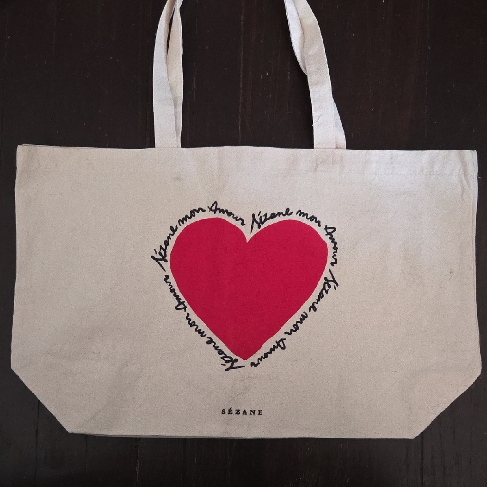 Sézane Cream Tote with Red Heart Design